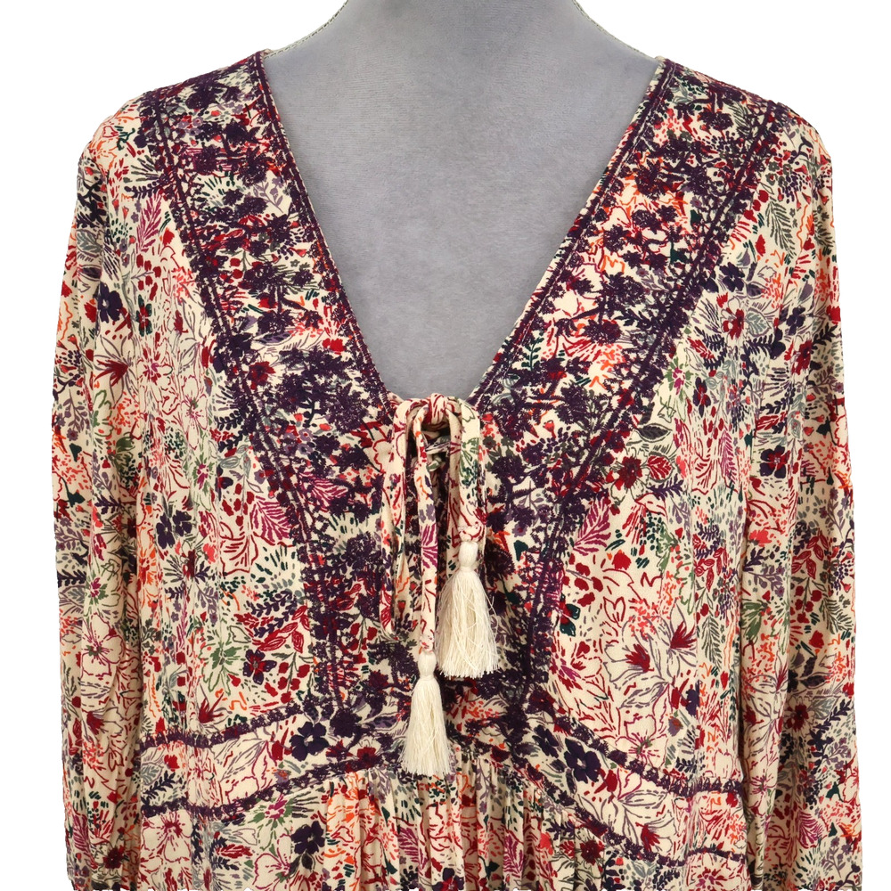 Torrid Top 1 Plus Size 1X Beige Purple Floral Blouse Tasseled Embroidered Boho - Picture 8 of 15